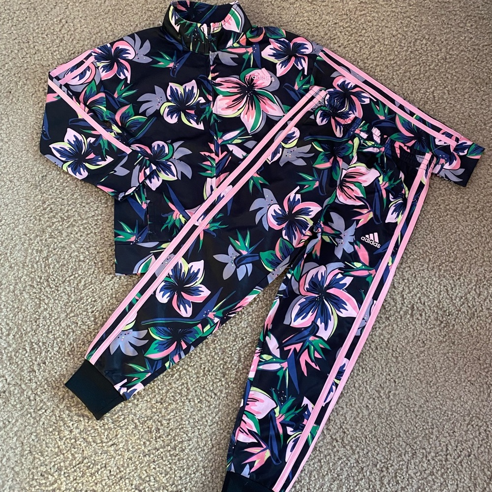 Adidas Black Floral Track Suit with Pink and Green Accents